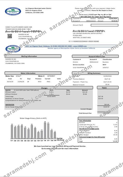 USA California Las Virgenes Municipal Water District business utility bill template in Word and PDF formats